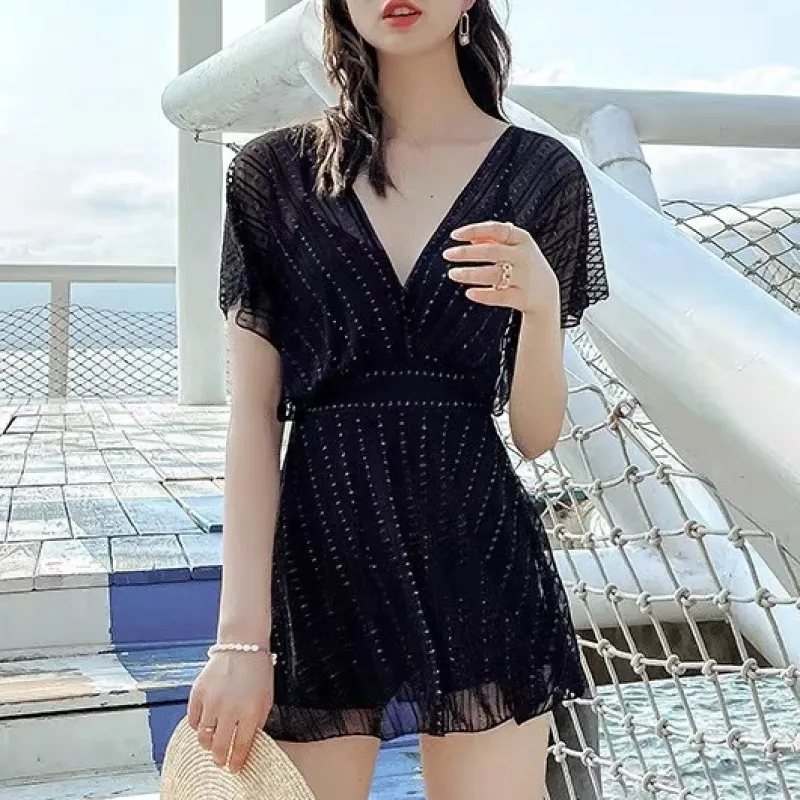 気質アップ セクシー デザイン性抜群 Vネック レース ワンピース水着