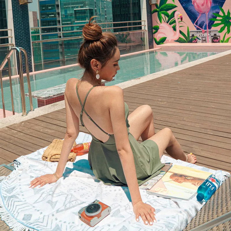 体型カバー vネック 透かし彫り ハイウエスト ワンピース水着