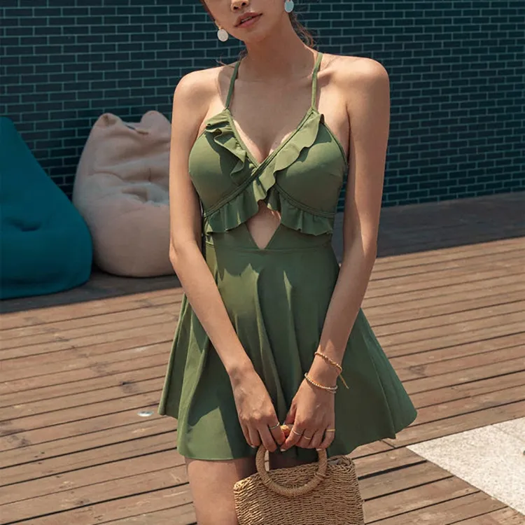 体型カバー vネック 透かし彫り ハイウエスト ワンピース水着