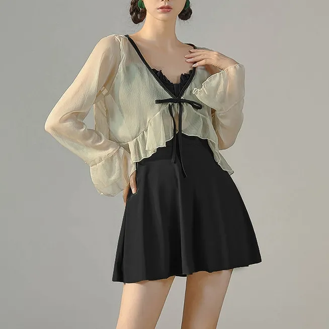 デザイン性抜群 Aライン  体型カバー 無地 ワンピース水着