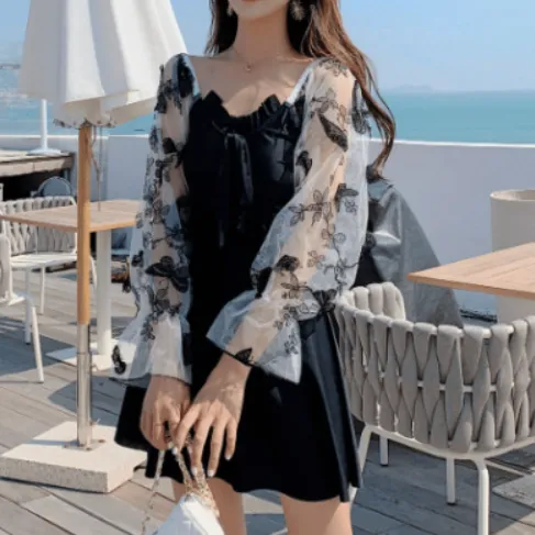 人気新作 メッシュ フレア袖  フェミニン 体型カバー 3色展開 ボウタイ ワンピース水着