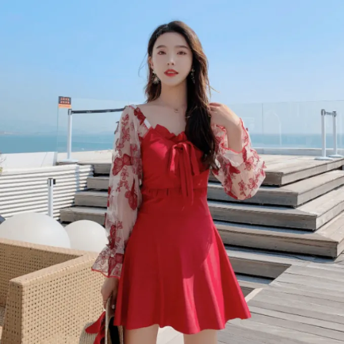 人気新作 メッシュ フレア袖  フェミニン 体型カバー 3色展開 ボウタイ ワンピース水着