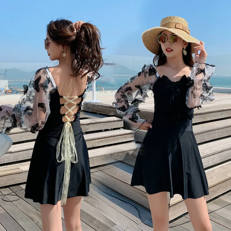 人気新作 メッシュ フレア袖  フェミニン 体型カバー 3色展開 ボウタイ ワンピース水着