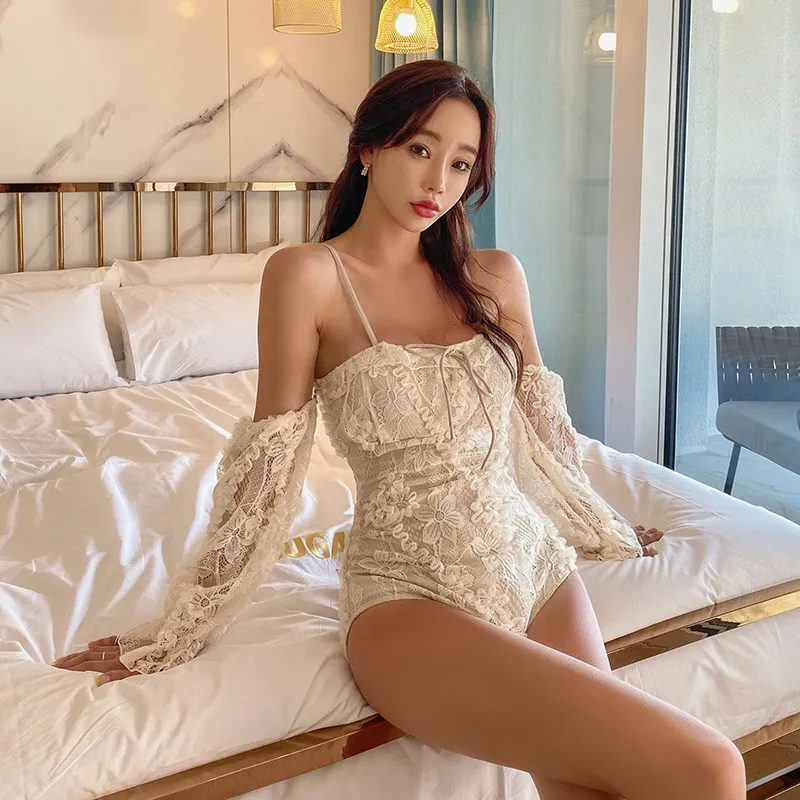 ins超人気 韓国系 レース 背中魅せ ボウタイ 無地 長袖 ワンピース水着