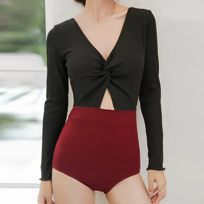 レトロ  配色 長袖 Ⅴネック 透かし彫り ギャザー 体型カバー 背中魅せ 着痩せ ワンピース水着