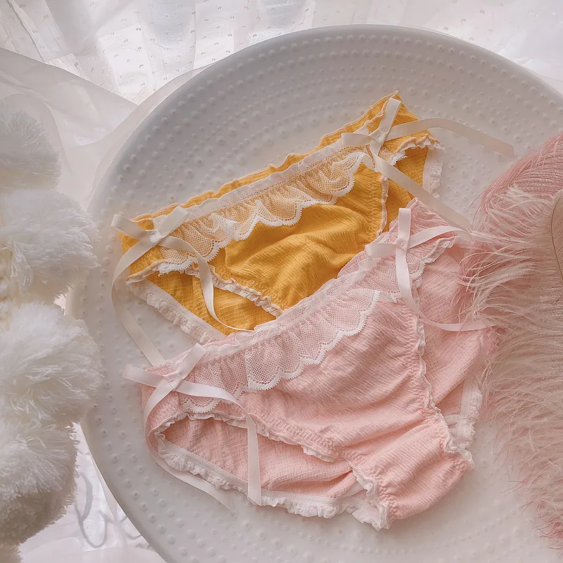 無敵な可愛さ 配色 リボン飾り 高通気 レース フリル 柔らかい スタンダードショーツ