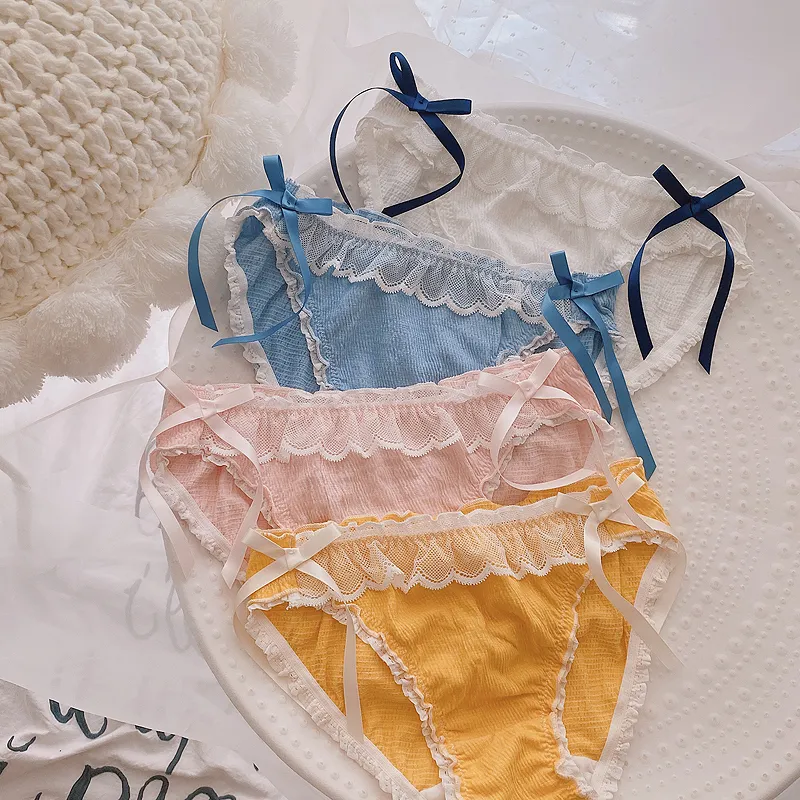 無敵な可愛さ 配色 リボン飾り 高通気 レース フリル 柔らかい スタンダードショーツ