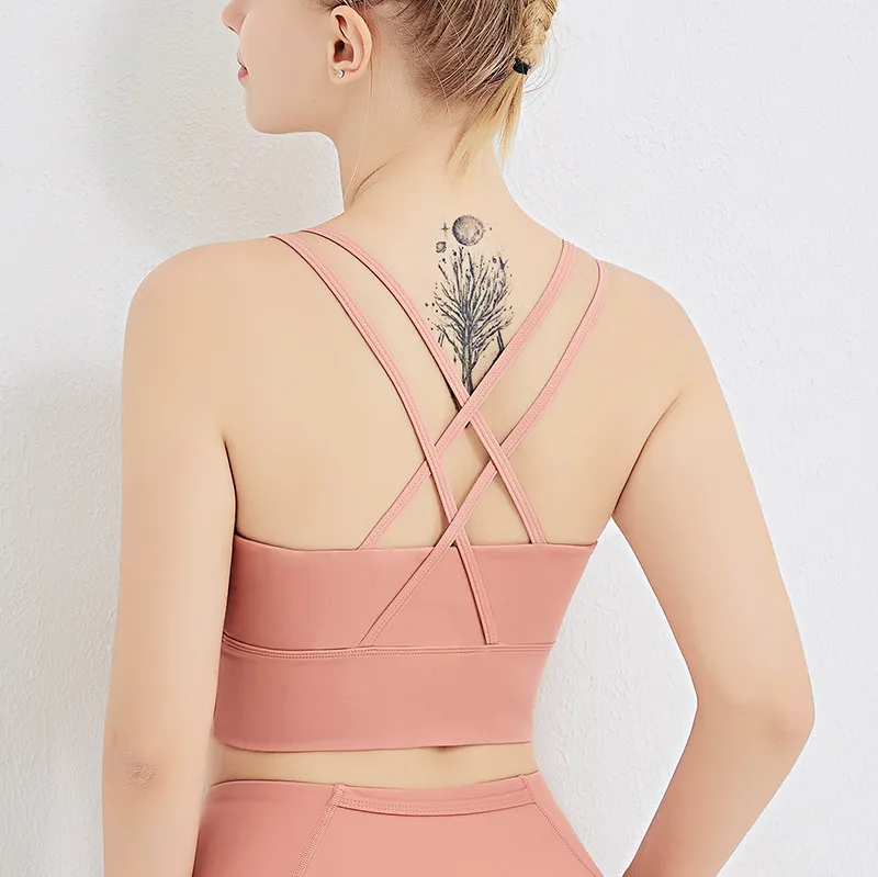 カジュアル 透かし彫り 交差 背中魅せ ヨガ スポーツブラ