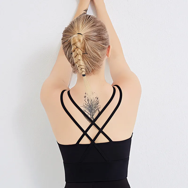カジュアル 透かし彫り 交差 背中魅せ ヨガ スポーツブラ