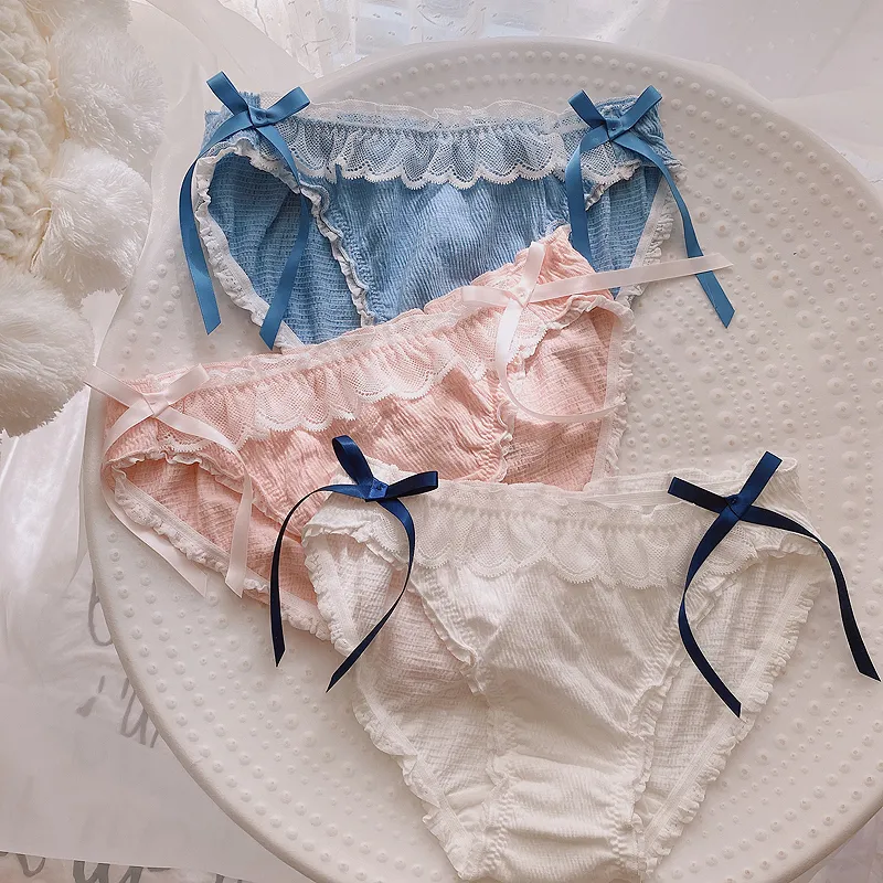無敵な可愛さ 配色 リボン飾り 高通気 レース フリル 柔らかい スタンダードショーツ