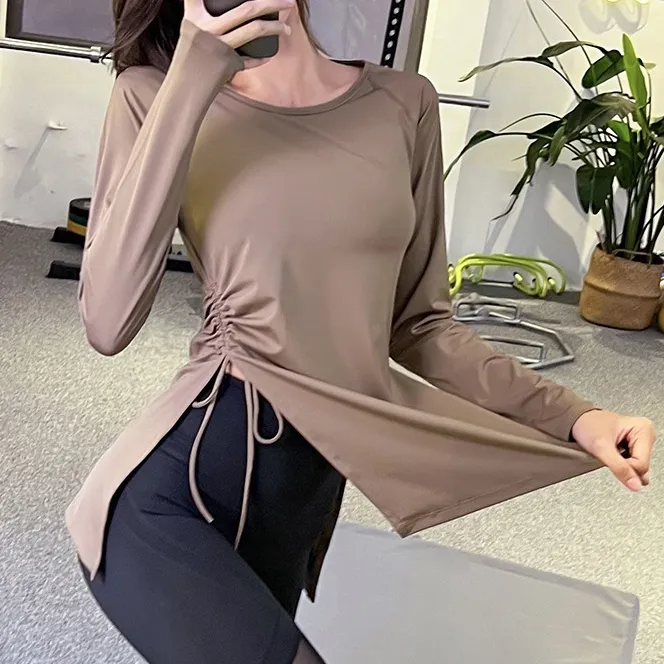 カジュアル スポーツ風 スリット ボウタイ 長袖 ゆったり ジョギング ヨガトップス