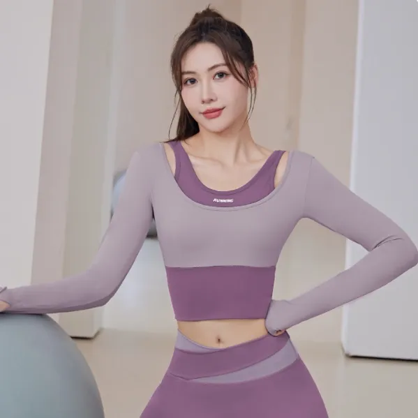 3色展開 スポーツ風 お洒落 配色 長袖 レイヤード 伸縮性あり 切り替え ヨガトップス