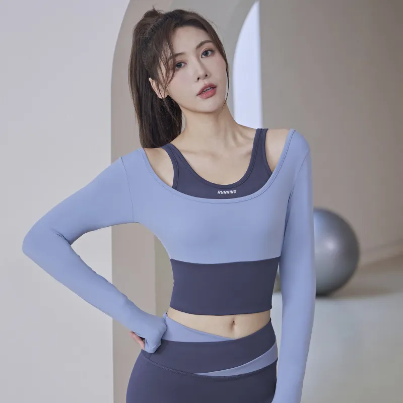 3色展開 スポーツ風 お洒落 配色 長袖 レイヤード 伸縮性あり 切り替え ヨガトップス