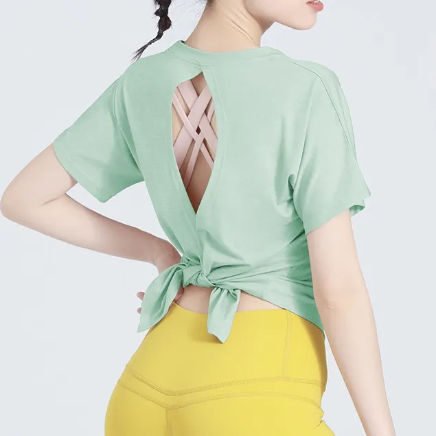 美背 クロスバック ヨガウェア ラウンドネック 切り替え スポーツ トップス