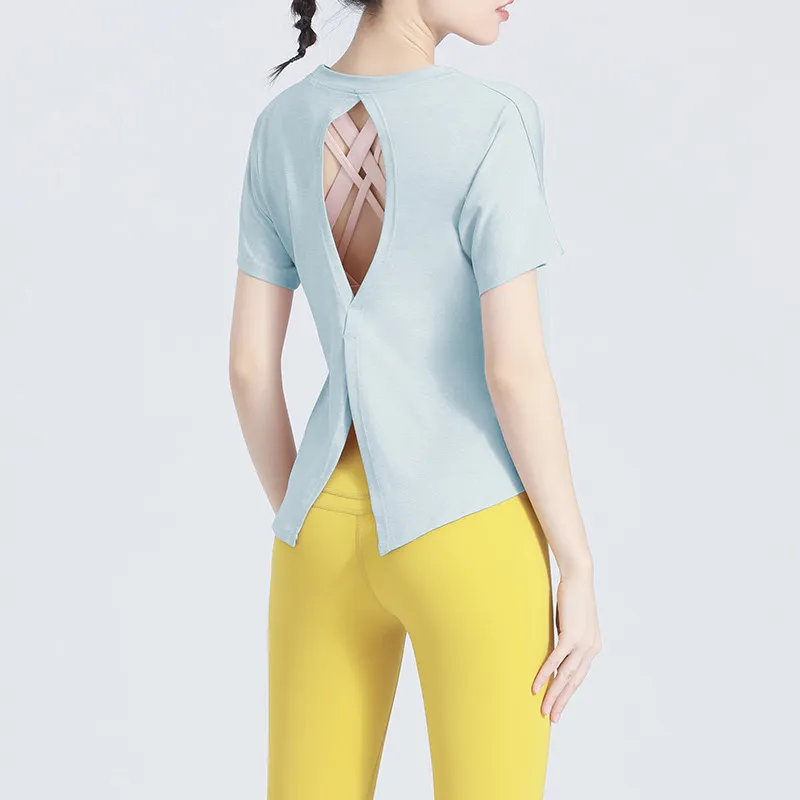 美背 クロスバック ヨガウェア ラウンドネック 切り替え スポーツ トップス