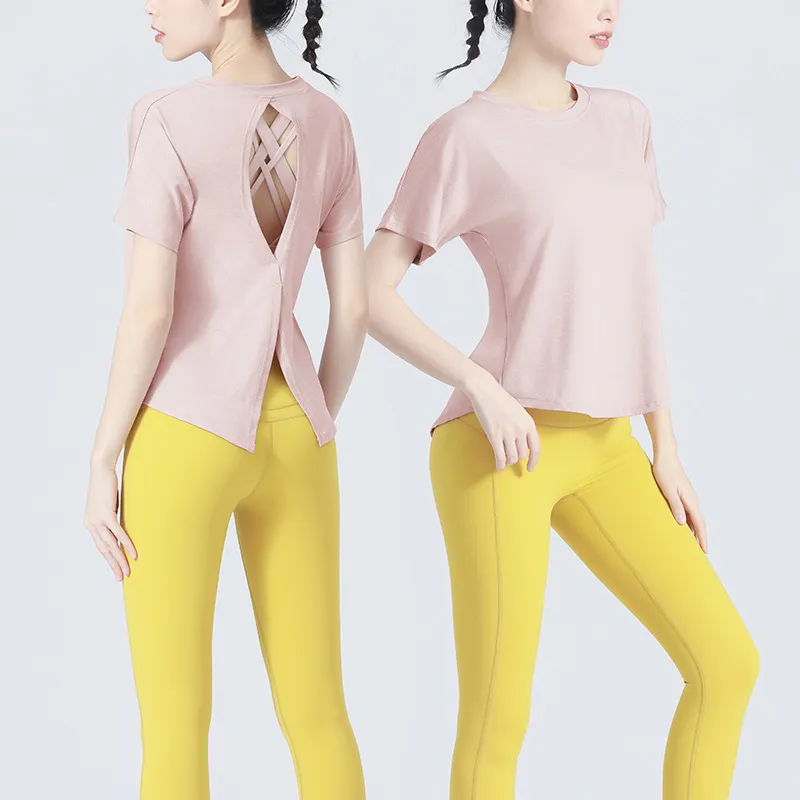 美背 クロスバック ヨガウェア ラウンドネック 切り替え スポーツ トップス