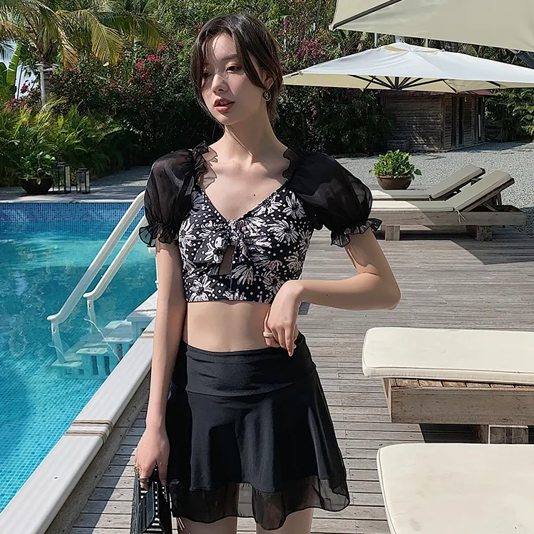 オシャレペアルック お揃い 花柄 プリント 体型カバー タンキニ 透かし彫り パフスリーブ 切り替え メンズ ペア水着