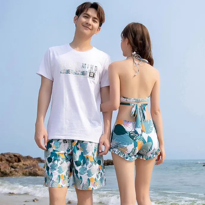 ペア お揃い カップル水着 デート Ｖネック プリント 海 体型カバー 単品販売可能 ビキニ