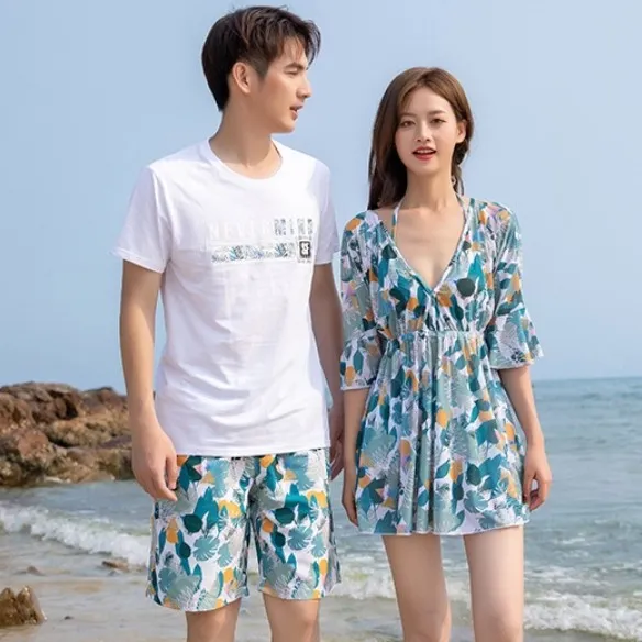 ペア お揃い カップル水着 デート Ｖネック プリント 海 体型カバー 単品販売可能 ビキニ