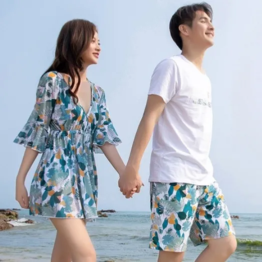 ペア お揃い カップル水着 デート Ｖネック プリント 海 体型カバー 単品販売可能 ビキニ