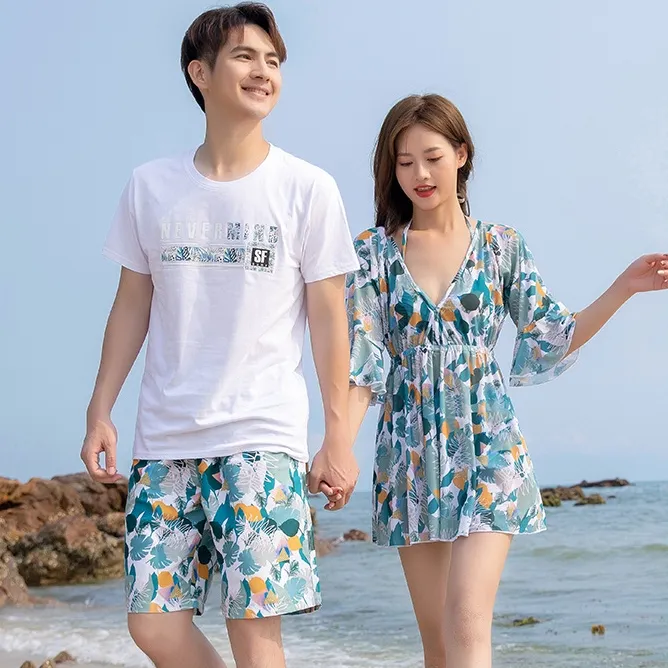 ペア お揃い カップル水着 デート Ｖネック プリント 海 体型カバー 単品販売可能 ビキニ