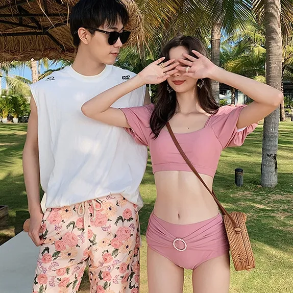 絶対流行 韓国風ファッション 3点セット プリント 配色 着瘦せ ペア 水着