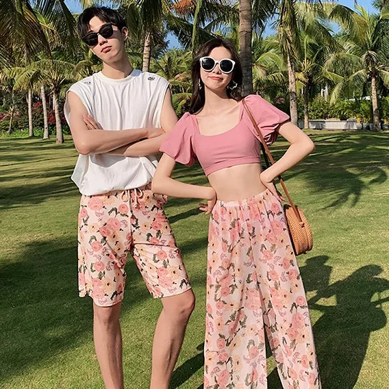 絶対流行 韓国風ファッション 3点セット プリント 配色 着瘦せ ペア 水着