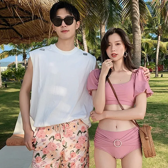 絶対流行 韓国風ファッション 3点セット プリント 配色 着瘦せ ペア 水着