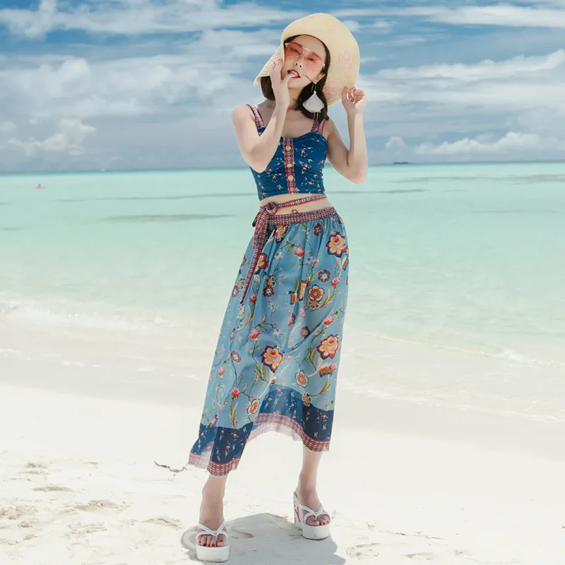 エスニック系 プリント ハネムーン 配色 INS 体型カバー カップル タンキニ ペア水着