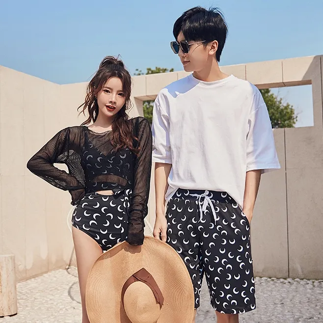 インスタ映え 蜜月 メッシュ 高通気 弾力性 ビーチパンツ 透かし彫り 体型カバー ワンピース ペア水着