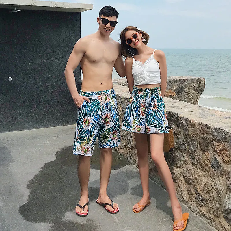 南国風 リゾート カップル お揃い 3点セット サーフパンツ 海パン 体型カバー ペア水着