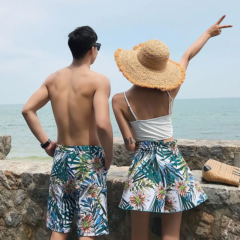 南国風 リゾート カップル お揃い 3点セット サーフパンツ 海パン 体型カバー ペア水着