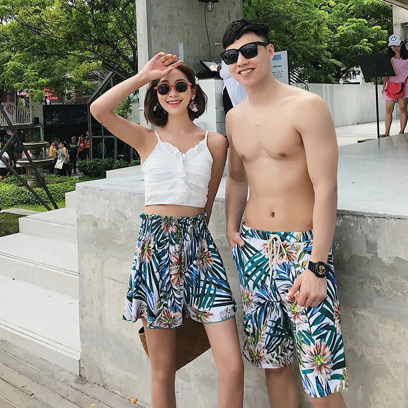 南国風 リゾート カップル お揃い 3点セット サーフパンツ 海パン 体型カバー ペア水着