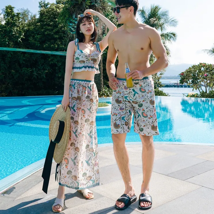 リゾート カップル お揃い ボヘミアンスタイル 総柄 おしゃれ 体型カバー 旅行 ビキニ ペア水着