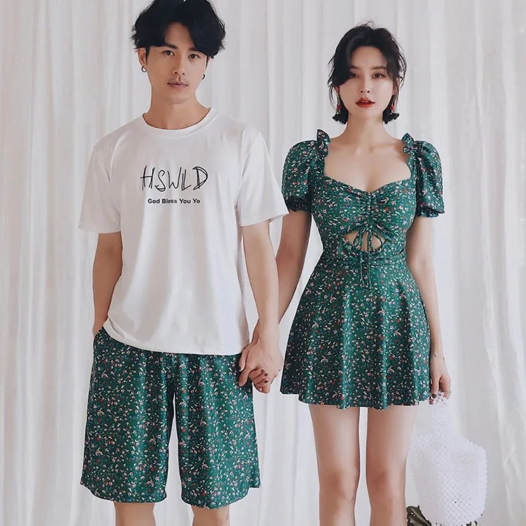 ペア水着 お揃い カップル 花柄 フェミニン 大人らしい 体型カバー ランタンスリーブ ワンピース水着