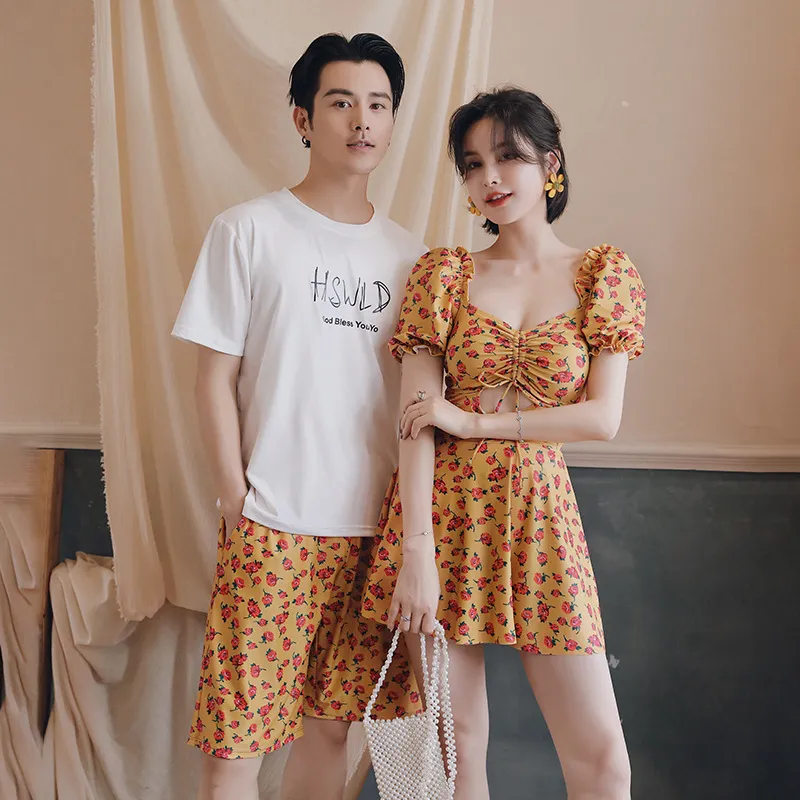 ペア水着 お揃い カップル 花柄 フェミニン 大人らしい 体型カバー ランタンスリーブ ワンピース水着