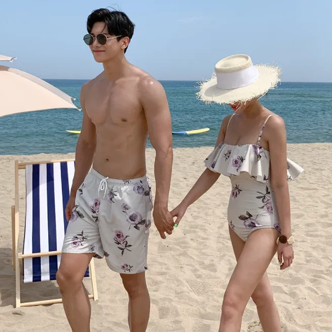 気質アップ プリント フリル 着痩せ 夏 ペア ビーチ 温泉 オシャレ カップル水着