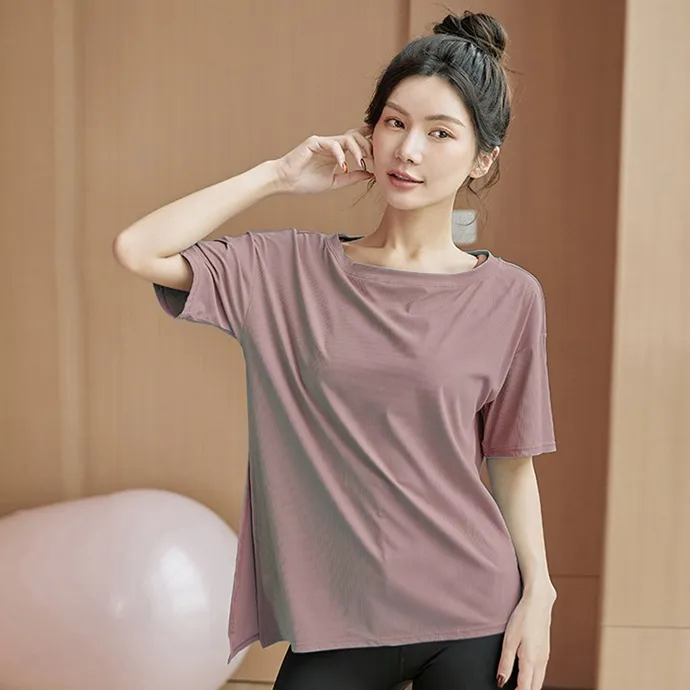 人気を獲得♡ 無地 スリット ラウンドネック 通気良い ルーズ 吸汗速乾 ヨガウェア トップス