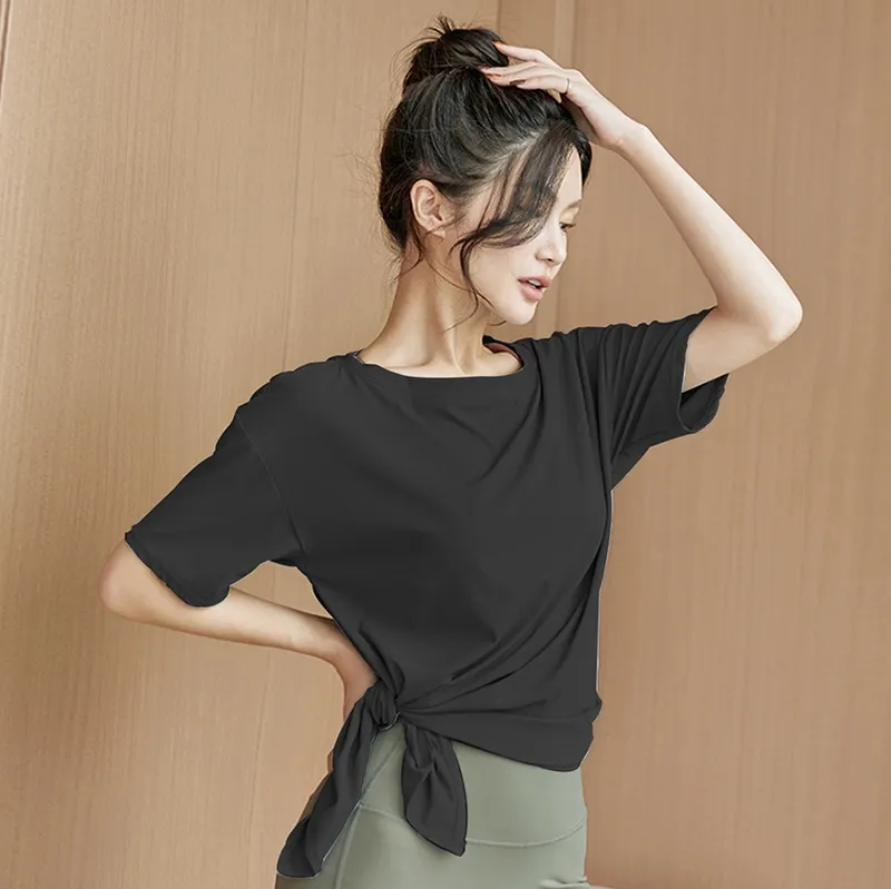 人気を獲得♡ 無地 スリット ラウンドネック 通気良い ルーズ 吸汗速乾 ヨガウェア トップス