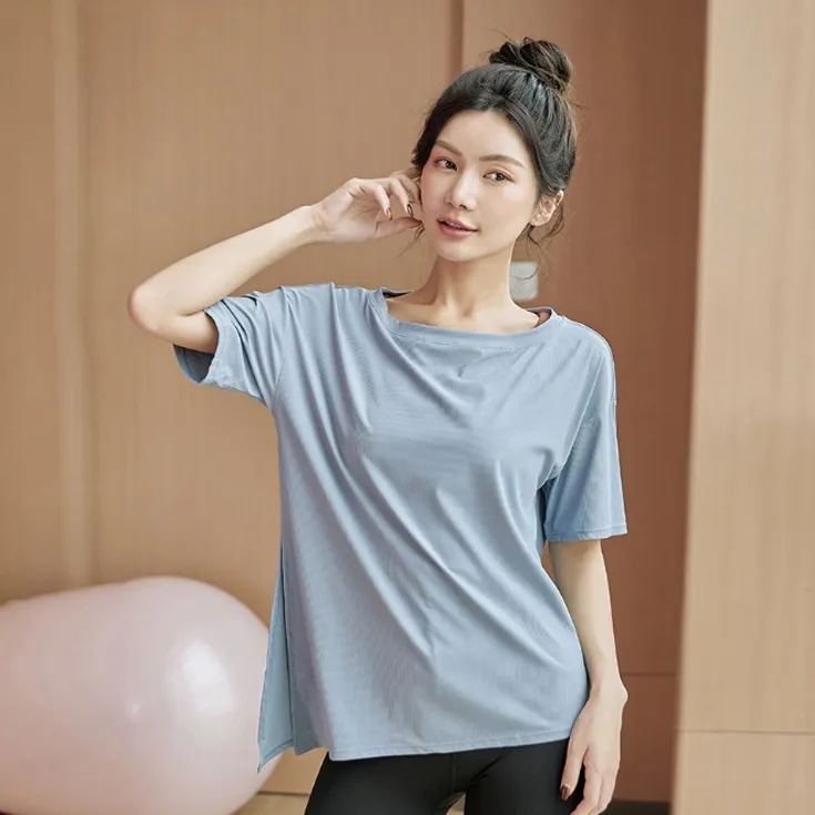 人気を獲得♡ 無地 スリット ラウンドネック 通気良い ルーズ 吸汗速乾 ヨガウェア トップス