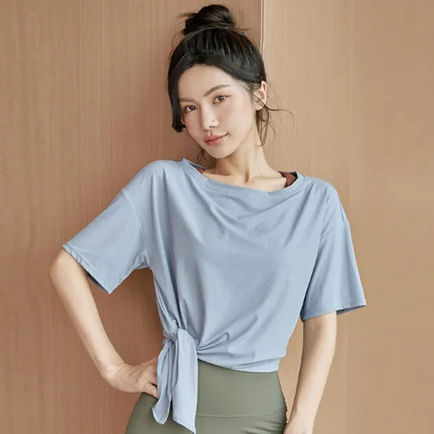 人気を獲得♡ 無地 スリット ラウンドネック 通気良い ルーズ 吸汗速乾 ヨガウェア トップス