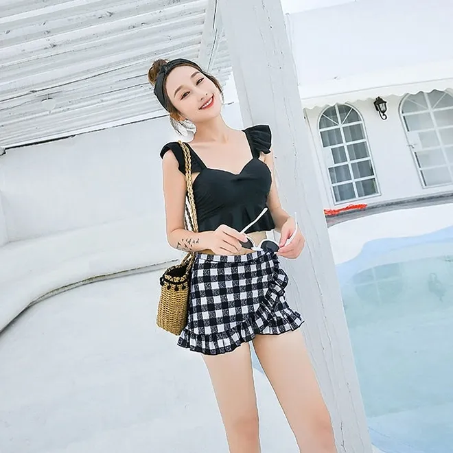 オシャレ韓国風 フリル 体型カバー チェック柄 定番 シンプル 着瘦せ カップル水着 ビキニ