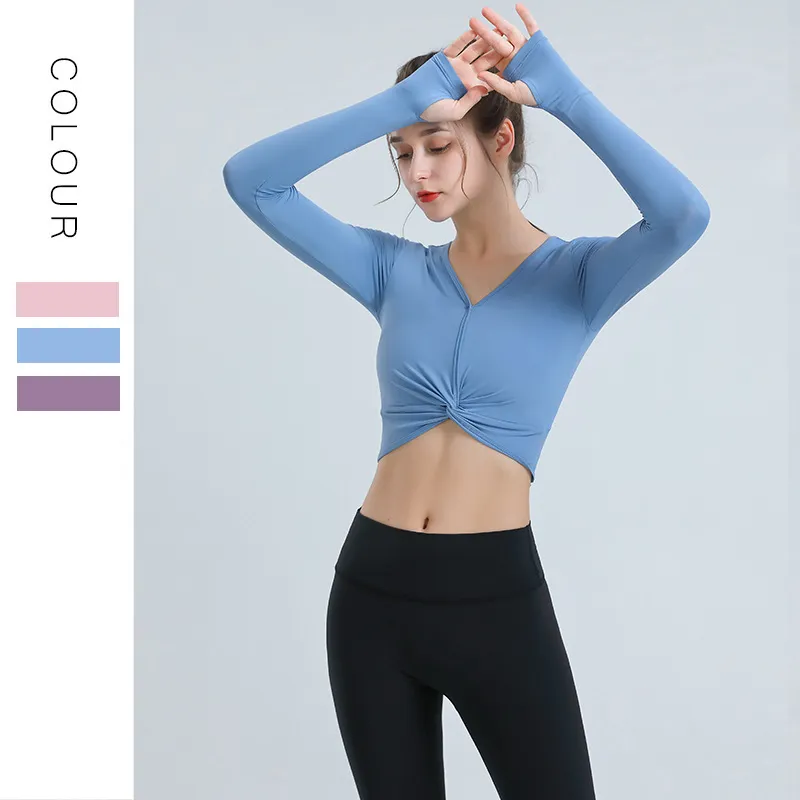 特別デザイン Vネック ギャザー 長袖 プルオーバー 吸水速乾 無地 ヨガウェア トップス