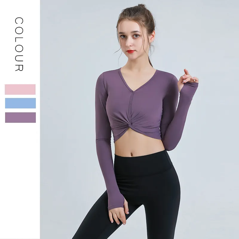 特別デザイン Vネック ギャザー 長袖 プルオーバー 吸水速乾 無地 ヨガウェア トップス