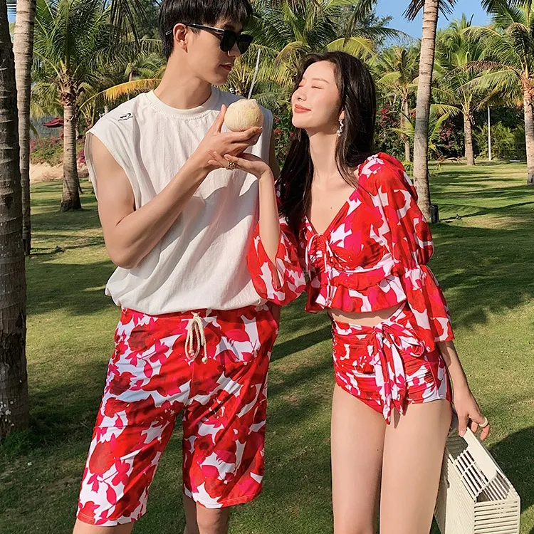 韓国風 プリント カップル ペア フレア袖 体型カバー ギャザー ボウタイ タンキニ ビキニ