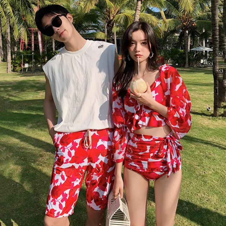 韓国風 プリント カップル ペア フレア袖 体型カバー ギャザー ボウタイ タンキニ ビキニ