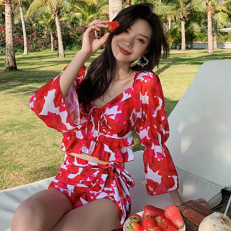 韓国風 プリント カップル ペア フレア袖 体型カバー ギャザー ボウタイ タンキニ ビキニ