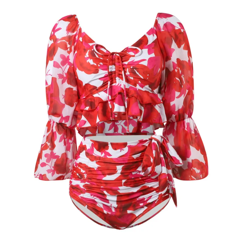 韓国風 プリント カップル ペア フレア袖 体型カバー ギャザー ボウタイ タンキニ ビキニ