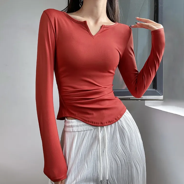 全4色 Vネック 着瘦せ シンプル 長袖 スポーツ 無地 ヨガトップス