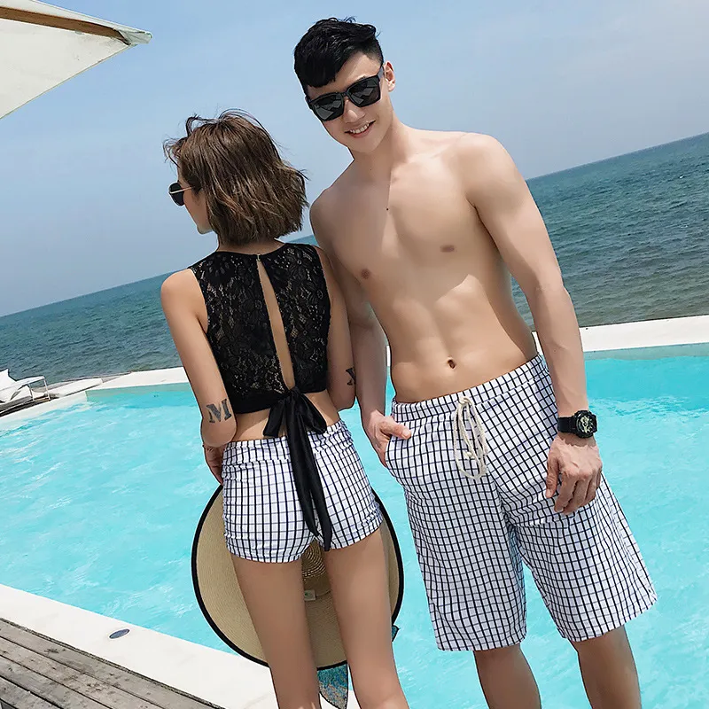 ファッション 韓国系 チェック柄 切り替え ビーチ ペアルック 水着